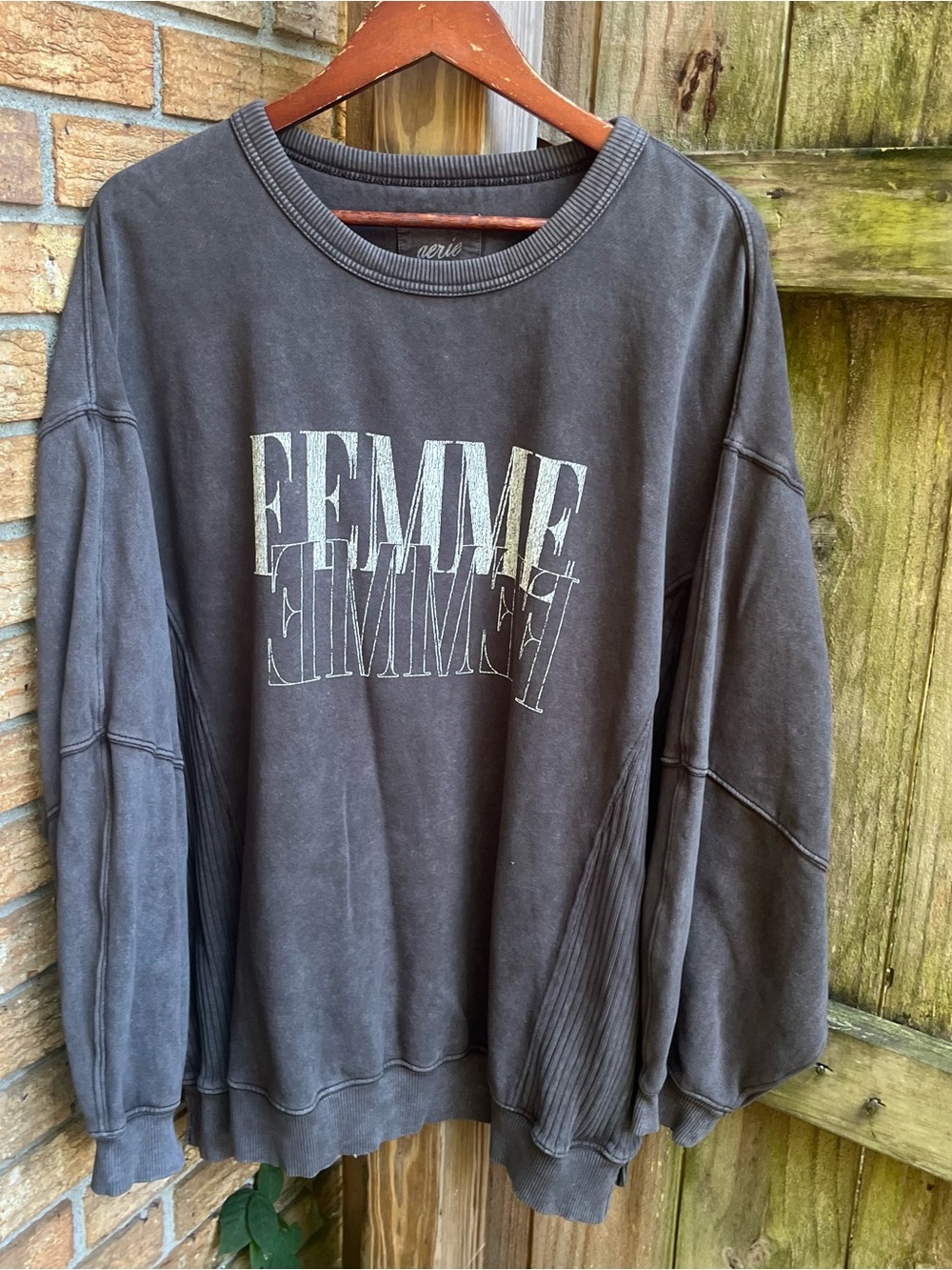 Aerie Oversized Charcoal Gray FEMME Graphic Pullover Sweatshirt